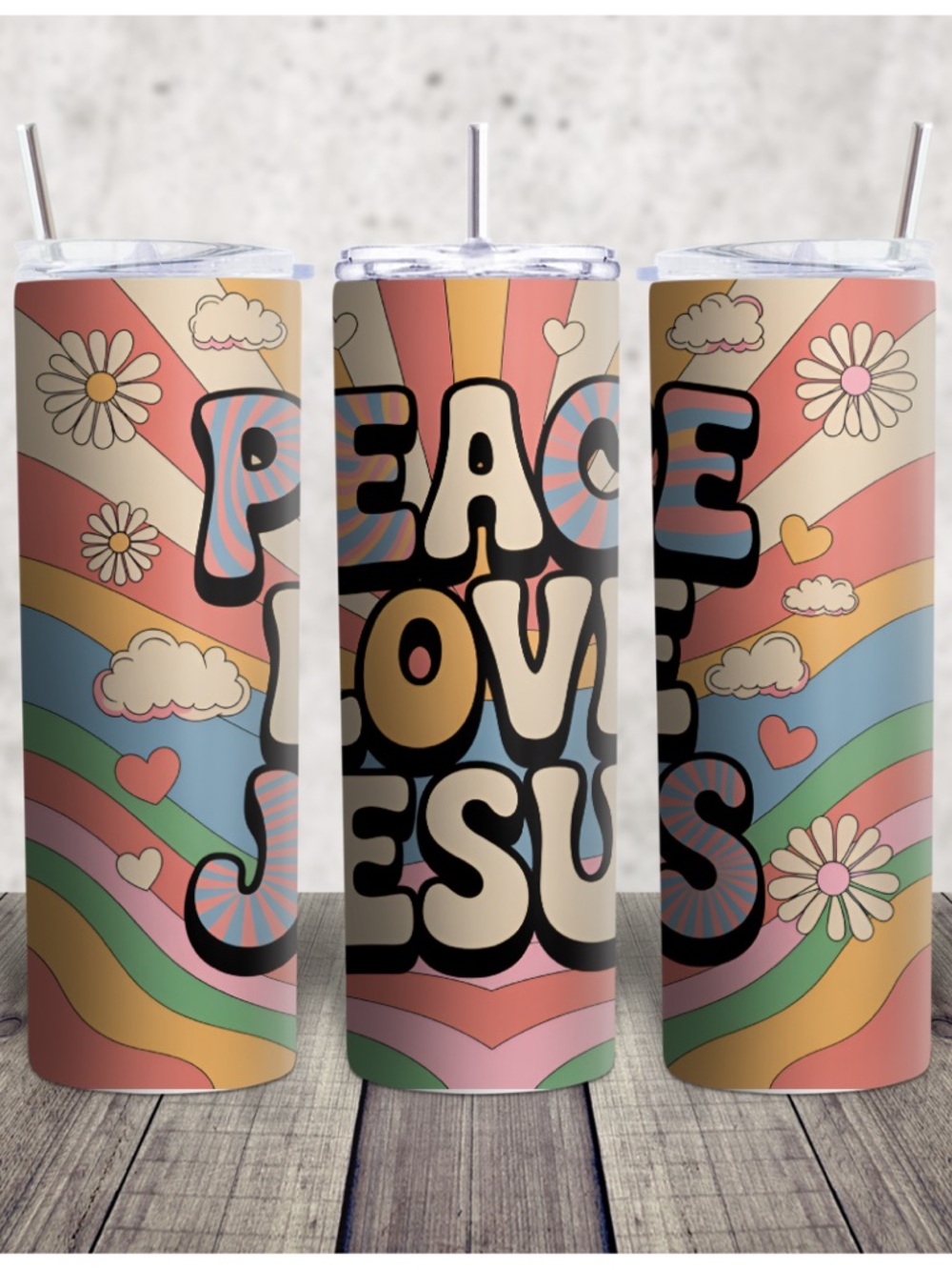 Hand Crafted Pastel Rainbow 'Peace Love Jesus' Floral Tumbler